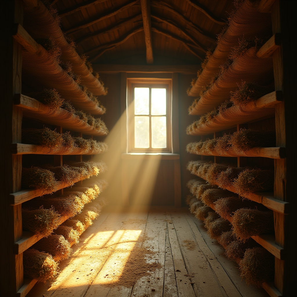 Interior de un galpón rural con estanterías de secado de hierbas aromáticas