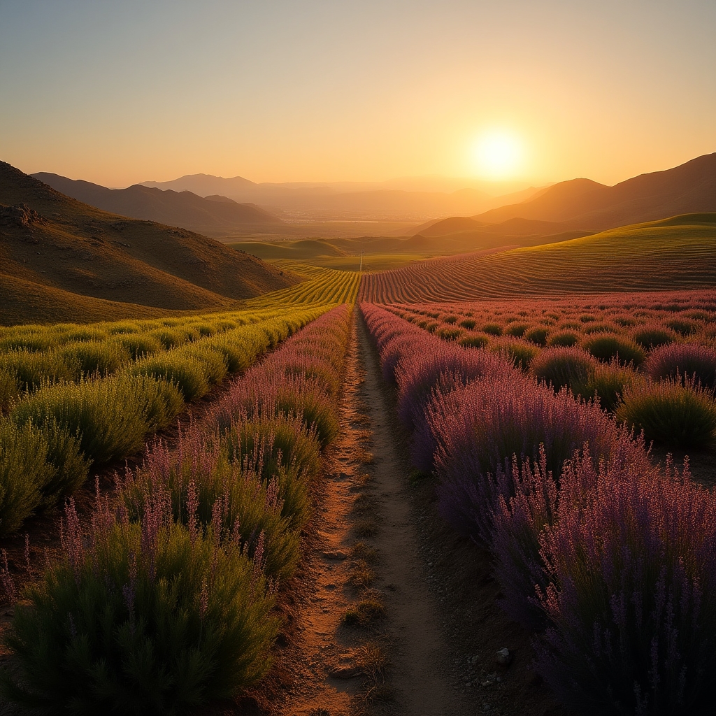 Vista amplia de un valle cultivado con hileras de plantas aromáticas al atardecer