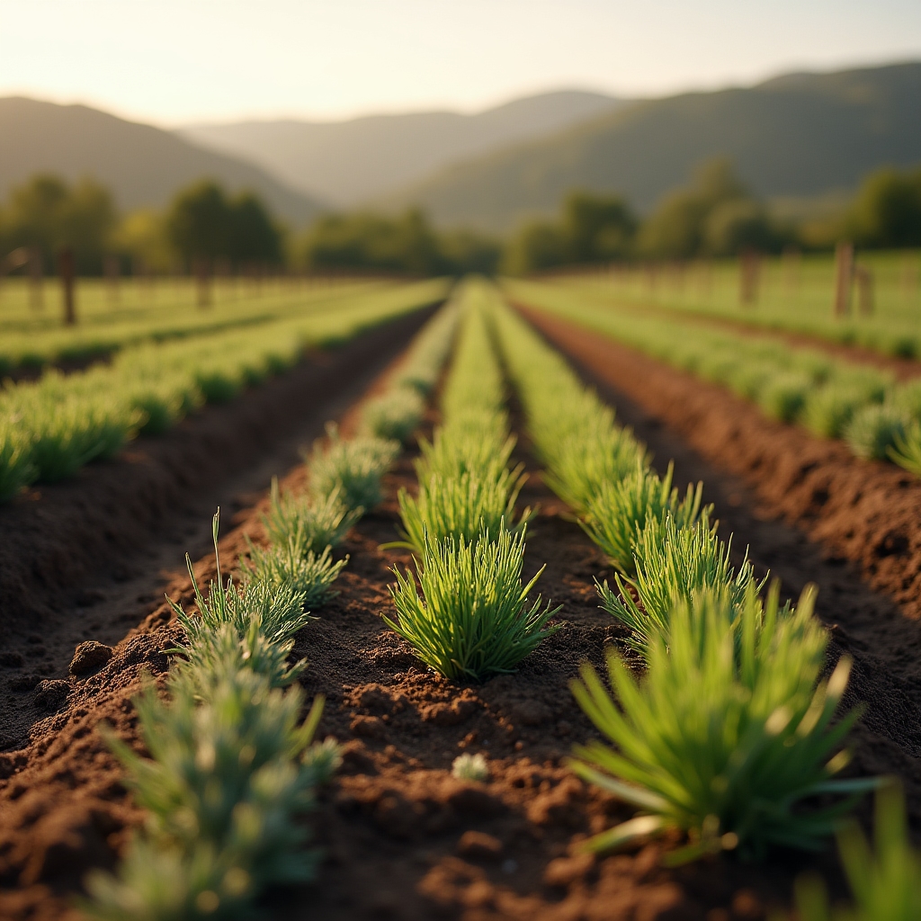 Parcela pequeña dividida en surcos con distintas especies aromáticas